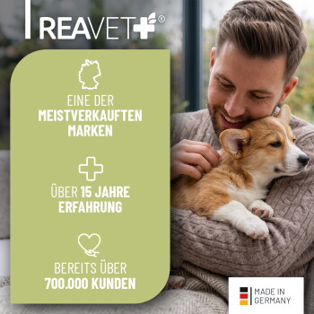Etikett für REAVET Ohrmilbenöl Plus, ein Mittel gegen Ohrmilben bei Hunden und Katzen, mit einem Corgi, mit Anweisungen und Zutaten aufgeführt.
