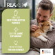 Etikett für REAVET Ohrmilbenöl Plus, ein Mittel gegen Ohrmilben bei Hunden und Katzen, mit einem Corgi, mit Anweisungen und Zutaten aufgeführt.