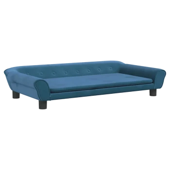 Stylisches blaues Haustiersofa mit plüschiger Oberfläche, abgerundeten Armen und Knopfdetails, entworfen für den Komfort von Haustieren.
