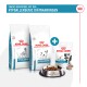 Royal Canin hypoallergenes Hundefutter in Tüten und Leckerlis, mit einer Schüssel Trockenfutter davor, beschriftet mit "Snacks kompatibel mit den hypoallergenen Diätnahrungen."