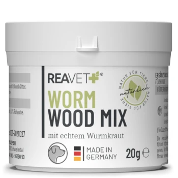 Behälter mit REAVET+ Wurmholz-Mix für Hunde, 20g, mit einem weißen Etikett mit grünem Text und einem Logo für natürliche Inhaltsstoffe.