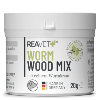 Behälter mit REAVET+ Wurmholz-Mix für Hunde, 20g, mit einem weißen Etikett mit grünem Text und einem Logo für natürliche Inhaltsstoffe.