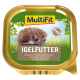 Goldbehälter mit MultiFit Igelnahrung mit Igelillustration und mehrsprachigem Text, plus einem Etikett "ohne zugesetzten Zucker".