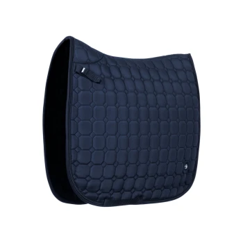 Navyblaue Satteldecke mit einem Sechseckmuster, mit einer strukturierten Oberfläche und einem kleinen Logo in der unteren rechten Ecke.