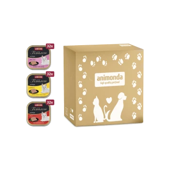 Ein Karton mit der Aufschrift "animonda high quality petfood" mit Pfotenabdrücken, der drei Arten von Kittenfutter enthält, jeweils mit 32 Portionen.