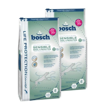 Zwei Beutel Bosch Ultra Premium Quality Hundefutter, beschriftet mit "Sensible Renal & Reduction", jeweils 11,5 kg schwer, mit einer Hundesilhouette.