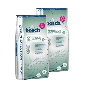 Zwei Beutel Bosch Ultra Premium Quality Hundefutter, beschriftet mit "Sensible Renal & Reduction", jeweils 11,5 kg schwer, mit einer Hundesilhouette.