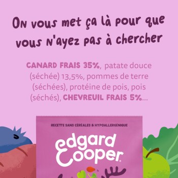 Sac rose de nourriture pour animaux Edgard Cooper avec en-tête français « On vous met ça là... » et ingrédients « Canard frais 35 %, Chevreuil frais 5 % »