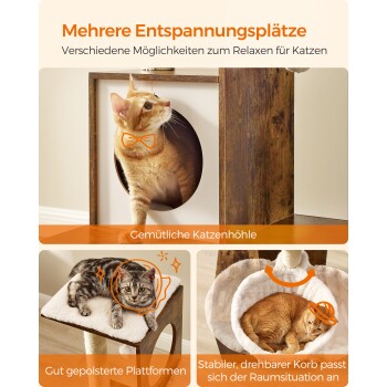 Katzenmöbelset mit einer orangefarbenen Katze in einem Versteck, einer grauen Katze auf einer Plattform und einer ruhenden Katze in einem Korb.