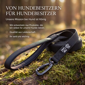 Hund mit Krone und Pelzmantel, deutsche Kundenbewertungen loben eine hochwertige Hundeleine, dazu Symbole für Qualität und Support.