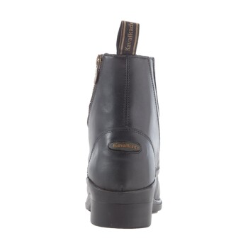 Schwarzer Lederreitstiefel mit einem Reißverschluss an der Seite und einem Zugband, mit einem kleinen "Kavalkade"-Logo auf der Rückseite.