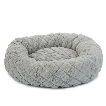 Weiches, rundes Haustierbett in Hellgrau mit einer gesteppten Textur, entworfen für Komfort und Entspannung.