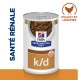Nourriture en conserve Hill's Prescription Diet k/d pour la santé rénale, contenant du poulet et des légumes, avec un logo proéminent et des allégations nutritionnelles.