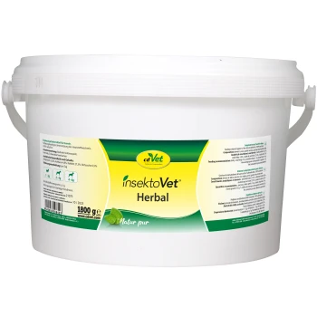 Weißer Eimer beschriftet mit 'cdVet InsektoVet Herbal' für Hunde, enthält 1800g Kräuterergänzung mit Fütterungsempfehlungen und aufgelisteten Zutaten.