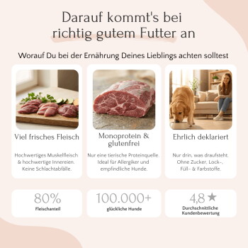 Hundefutter in einer Schüssel mit rohem Fleisch, Getreide und Gemüse, mit Text, der die natürlichen Zutaten und die Eignung für empfindliche Haustiere hervorhebt.