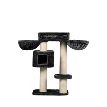 Schwarzer Katzenbaum mit zwei erhöhten Plattformen, einem gemütlichen, würfelförmigen Versteck und Kratzpfosten, entworfen für das Spielen und Ausruhen von Katzen.