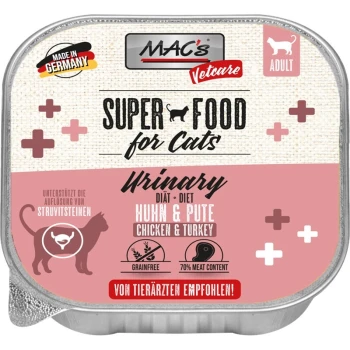 CAT Vetcare Urinary 16x100g MAC's Vetcare Super Food für Katzen, Harnwegdiät mit Huhn und Truthahn, getreidefrei, 70% Fleischanteil, hergestellt in Deutschland.
