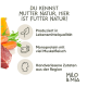 Bild von Tierfutter, das frische Zutaten wie Karotten und Fleisch zeigt und natürliche Produktion, hohen Proteingehalt und regionale Beschaffung betont.