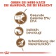 Infografik über die Vorteile von Katzenfutter: "Wesentliche Ernährung" mit Symbolen für Gelenkgesundheit, instinktive Vorliebe und Nierenunterstützung.