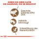 Infografik über die Vorteile von Katzenfutter: "Wesentliche Ernährung" mit Symbolen für Gelenkgesundheit, instinktive Vorliebe und Nierenunterstützung.