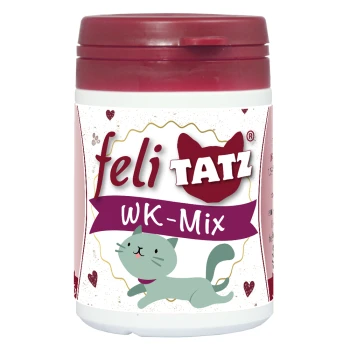 Behälter mit Feli Tatz WK-Mix für Katzen, mit einem verspielten Cartoon-Katzendesign und Herzen auf einem weißen Hintergrund.