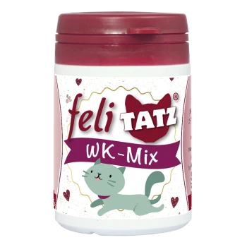 Behälter mit Feli Tatz WK-Mix für Katzen, mit einem verspielten Cartoon-Katzendesign und Herzen auf einem weißen Hintergrund.