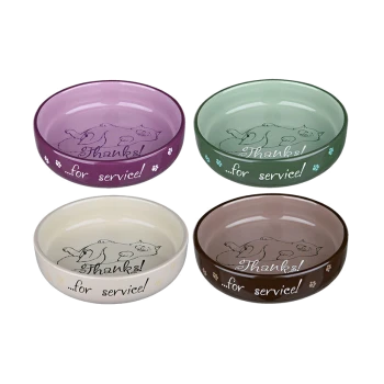 Vier Fressnäpfe für Haustiere in verschiedenen Farben (lila, grün, creme und braun) mit dem Text "Danke! ...für den Service!" und einer Katzenillustration.