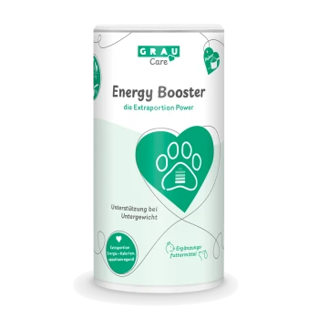 Dose mit der Aufschrift 'GRAU Care Energy Booster - die Extraportion Power', grünes Herz-Pfoten-Symbol und deutscher Text.