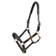 Schwarzes Leder-Haustiergeschirr mit goldenen Metall-Schnallen und verstellbaren Riemen, entworfen für Komfort und Kontrolle.