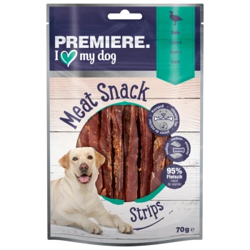 "Premiere I Love My Dog" meat snack strips for dogs, 70g, with a smiling Labrador and "95% Fleisch" on the package.
