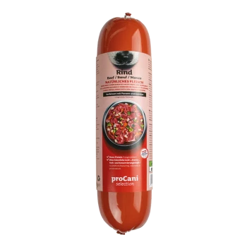 Rinder-Tiernahrungsrolle mit dem Etikett "proCani Auswahl", die eine Schüssel mit rohem Fleisch und Gemüse zeigt, mit Text, der natürliche Zutaten hervorhebt.