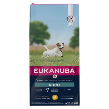 Eukanuba Premium Trockenfutterbeutel für kleine Rassen, mit einem verspielten Hund auf der Vorderseite, gekennzeichnet mit "Adult" und einem Gewicht von 12 kg.