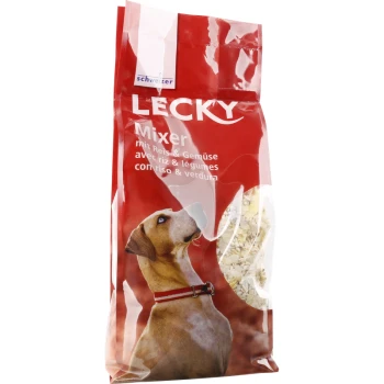 Rote Tüte LECKY Mixer Hundefutter mit einem braunen Hund, der nach oben schaut, mit Text in Deutsch und Französisch, der sagt "mit Reis & Gemüse."