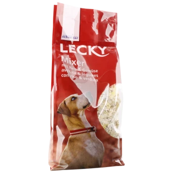 Rote Tüte LECKY Mixer Hundefutter mit einem braunen Hund, der nach oben schaut, mit Text in Deutsch und Französisch, der sagt "mit Reis & Gemüse."