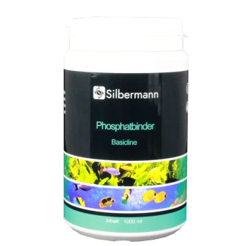Behälter von Silbermann Phosphatbinder Basicline, 1000 ml, mit aquatischen Bildern von bunten Fischen und Pflanzen auf dem Etikett.