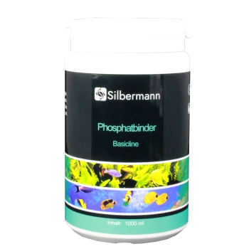 Behälter von Silbermann Phosphatbinder Basicline, 1000 ml, mit aquatischen Bildern von bunten Fischen und Pflanzen auf dem Etikett.