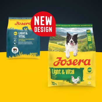 Josera-Logo auf einem runden Abzeichen mit grünen Bäumen, CO2-Text und dem Satz 'KLIMANEUTRALE PRODUKTION' in fetten schwarzen Buchstaben.