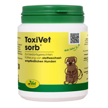 Behälter von cdVet ToxiVet sorb®, einem natürlichen Gesundheitszusatz für Haustiere, mit einem grünen Deckel und gelbem Etikett mit dem Text "100% NATUR."
