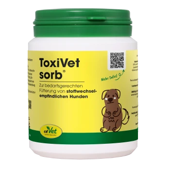 Behälter von cdVet ToxiVet sorb®, einem natürlichen Gesundheitszusatz für Haustiere, mit einem grünen Deckel und gelbem Etikett mit dem Text "100% NATUR."