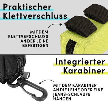 Bild eines Haustierzubehörs mit praktischem Klettverschluss und integriertem Karabiner. Der Text hebt die Funktionalität auf Deutsch hervor.