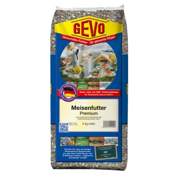 Tüte GEVO Meisenfutter Premium Vogelfutter, 5 kg, mit Bildern verschiedener Vögel und deutschem Text.