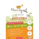Verpackung für natürliches Katzenfutter mit einer verspielten orangefarbenen Katze, beschriftet mit "Ich liebe meine Katze," die getreidefreies Insektenprotein für empfindliche Verdauung bewirbt.