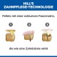 Hill's Zahnpflege-Technologie zeigt Pellets mit exklusiver Faser-Matrix, die wie eine Zahnbürste auf den Zähnen wirkt.