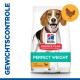Hill's Science Plan Perfect Weight hondenvoerzak met een beagle, gelabeld 'met kip' en 'door dierenarts aanbevolen.'
