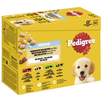 Boîte de nourriture pour chiens Pedigree Junior présentant une sélection mixte avec du riz, y compris des saveurs de bœuf, de poulet et d'agneau, en gelée.