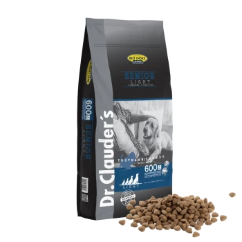 Dr. Clauder's Senior Light Hundefutter, 600g, mit Truthahn als Hauptzutat und einem Foto von einer Person mit einem Hund.