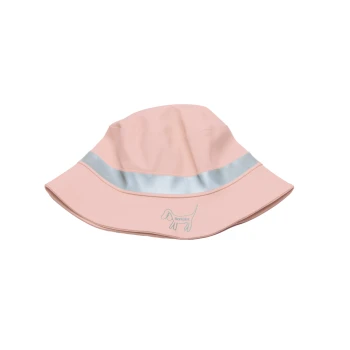 Ein rosa Hundebucket-Hut mit einem reflektierenden silbernen Band und einem kleinen Hundesilhouette-Logo auf der Vorderseite.