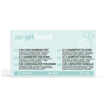 getTested-Box: 3-in-1-Schnelltest für Durchfall beim Hund (Parvovirus, Coronavirus, Giardia) mit Hunde- und DNA-Symbolen.