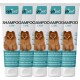 Fünf Tuben OptiPet Shampoo mit der Aufschrift "SHAMPOO CARE", auf denen ein flauschiger Pomeranian abgebildet ist, mit mehrsprachigem Text über die Vorteile von Haferprotein.