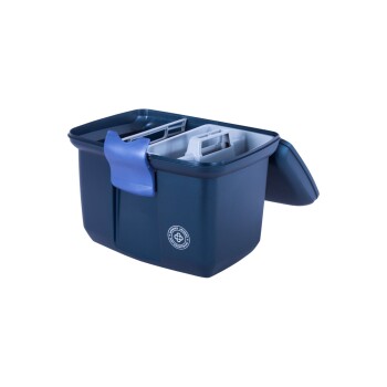 Blauer Haustierfutterbehälter mit einem grauen Innenfach und einem blauen Verschluss, teilweise geöffnet, der sein geräumiges Design zeigt.